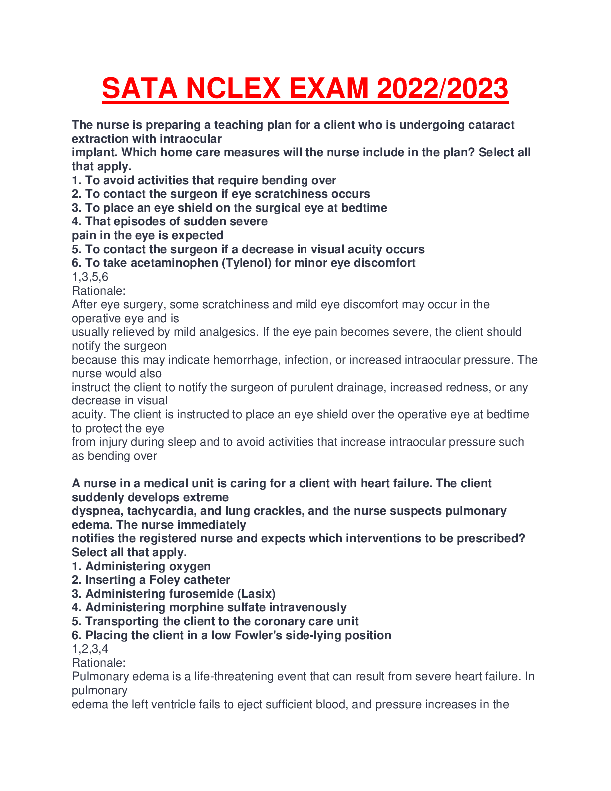 Preview of NCLEX SATA PN ACTUAL 2022/2023 EXAM QUESTIONS AND ANSWERS.